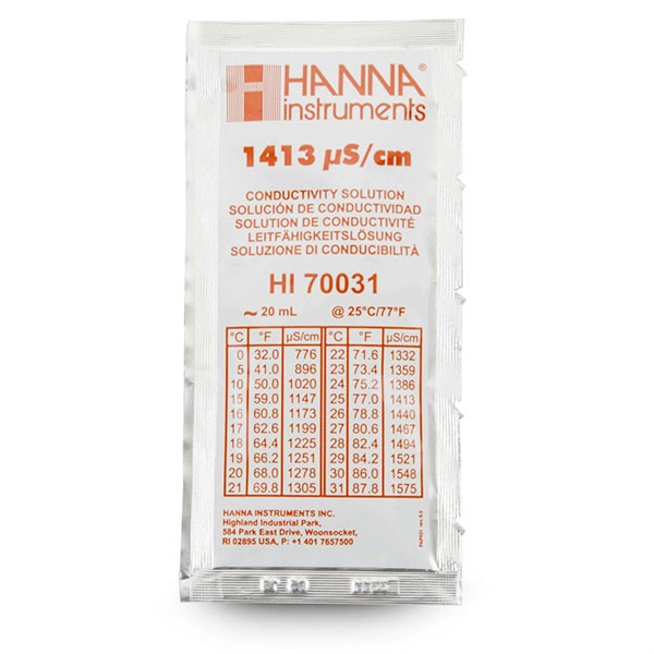Hanna Kalibrierlösung Leitfähigkeit 1413 μS/cm – 25×20 mL Beutel
